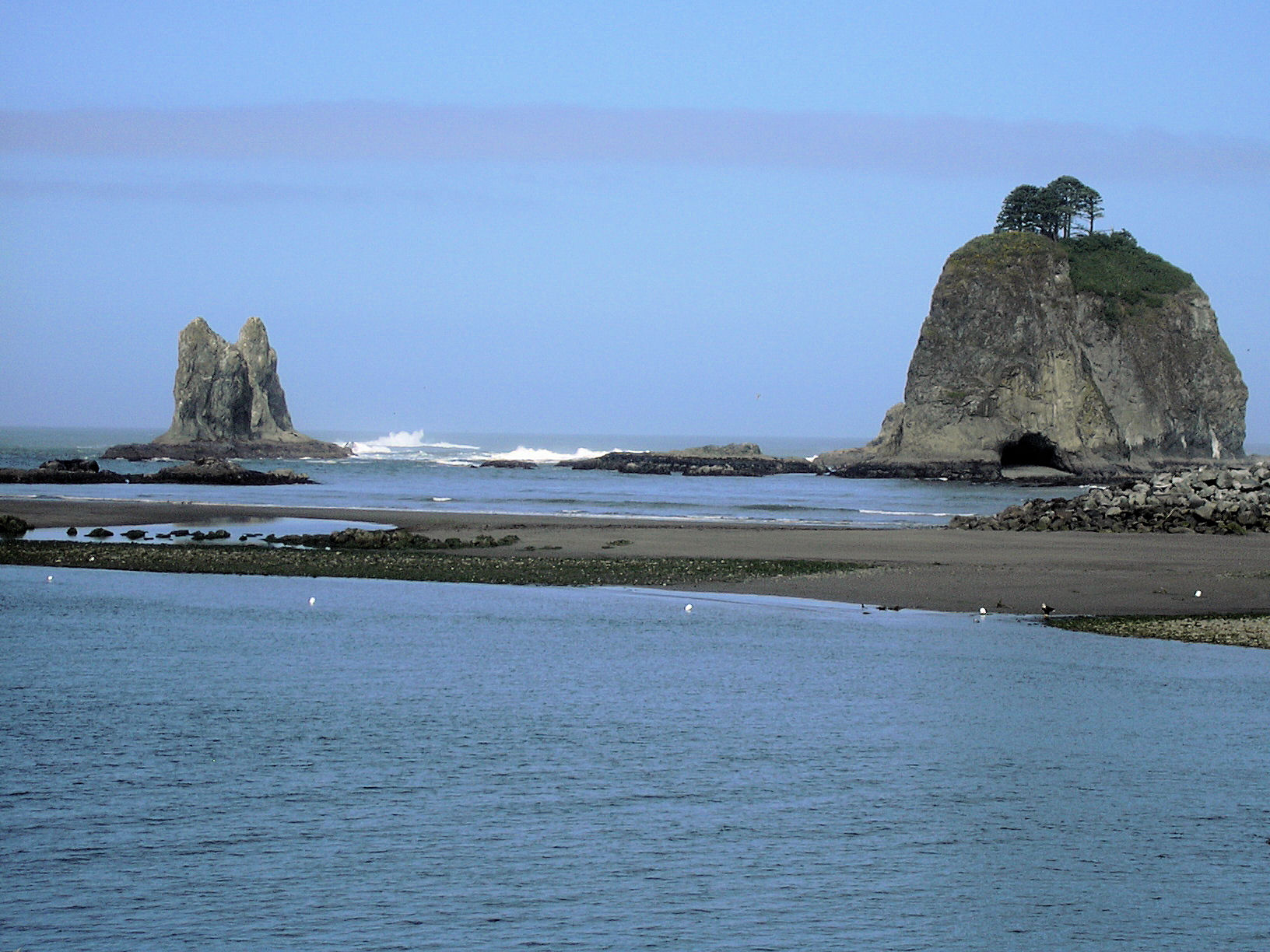 Forested sea stacks and Pacific Ocean surf at La Push, Washington